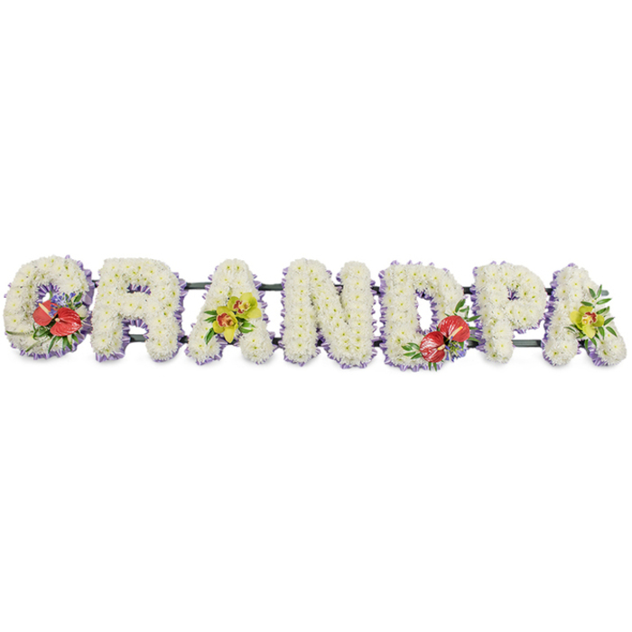 A striking funeral tribute in the shape of the word GRANDPA runs horizontally across a clean white background, each bold capital letter crafted as a floral cushion of white chrysanthemums. The blooms are packed so densely that the letters appear solid and three-dimensional, with layers of petals catching the light and casting tiny shadows that add depth and movement. Their pure white colour conveys peace, reverence, and quiet affection, echoing the reflective stillness of a farewell gathering in Somers Town, perhaps near the calm corners by St Pancras Old Church. Along the base of each letter, a slender band of pale lavender ribbon forms a soft border, its gentle lilac shade giving the tribute a refined frame and helping to define the shapes without overwhelming the simplicity of the white. Behind the letters, dark green bars discreetly connect the arrangement, mirroring the foliage tones and providing unseen support. Four thoughtfully placed accent sprays bring colour and personal meaning. On the G and the D, clusters of rich red anthuriums with their glossy, heart-shaped spathes and prominent central spadices are tucked among dark green leaves and tiny purple fillers, creating passionate focal points that speak of deep love and gratitude for a grandfather's life. On the first and last A, sprays of yellow-green orchids rest lightly on the chrysanthemums, their elegant, elongated petals and fresh lime tones suggesting hope and enduring beauty. Crafted with expertise by a florist who understands the sensitivities of farewell flowers, this personalised tribute would sit beautifully beside a coffin or at the front of a memorial service in Somers Town, offering a clear, heartfelt message of remembrance and respect.