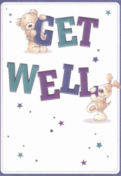 With a sense of comfort and day-brightening warmth akin to a stroll down Chalton Street, this get well card shines with playful artistry and heartfelt detail. Centre stage is a plush teddy bear, gripping the top of 'GET' in friendly, bold lettering-deep purples and teals lending the message lively importance. Beneath, a floppy-eared pup rests against the cheerful 'WELL,' both creatures looking outward with hopeful, expressive faces that channel compassion and a gentle wish for speedy recovery. The background's clarity and depth, a soft white with twinkling purple-blue stars, creates an uplifting space that suggests new beginnings on quiet mornings in Somers Town. There's a tactile richness to the design: the bear's tender plush, the puppy's silky coat, and a palpable sense of nurturing, much like a bouquet arranged with care by local florists. Every detail-colour, texture, composition-works harmoniously to lift a loved one's spirits, making this card the perfect companion to a bouquet sent to someone recuperating near Euston Road.
